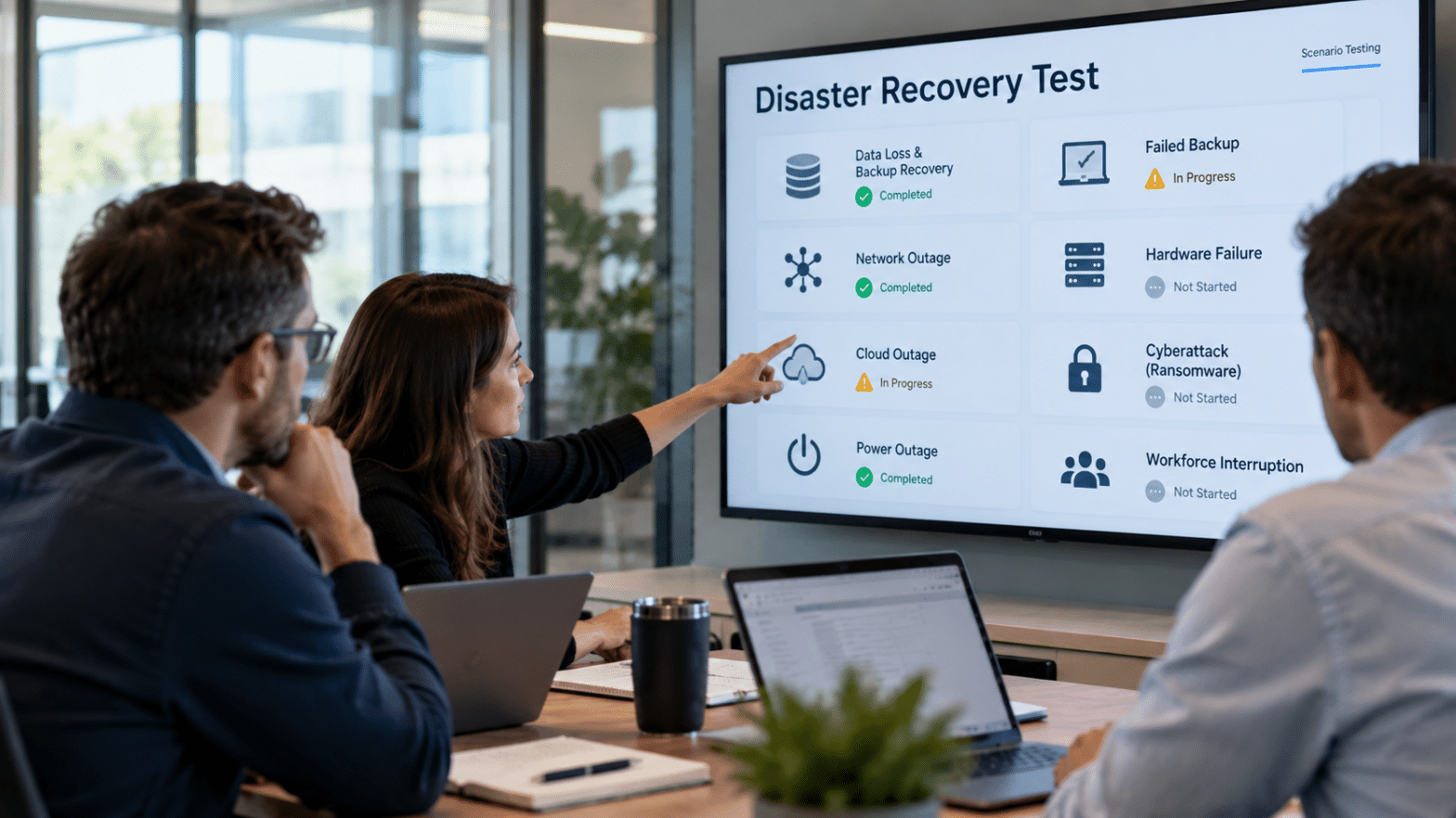 IT team testing disaster recovery scenarios for data loss, network outages and cyberattacks