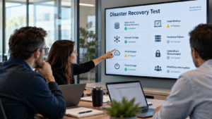 IT team testing disaster recovery scenarios for data loss, network outages and cyberattacks