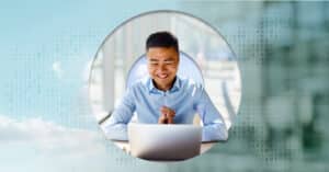 Smiling professional working on laptop surrounded by digital data graphics, symbolizing reliable business systems