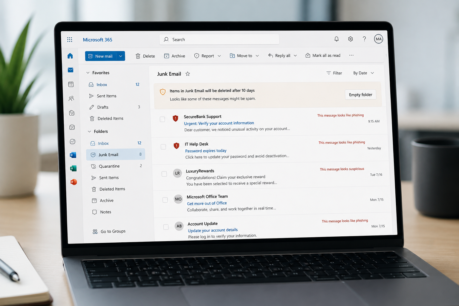 Modern email security dashboard identifying phishing and spam threats in Microsoft 365 inbox