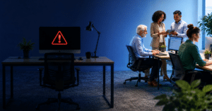 Modern office with employees collaborating while a workstation displays a cyber threat warning, illustrating the importance of business continuity and cybersecurity protection.
