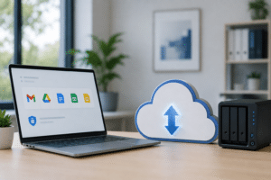 Laptop displaying a Google Workspace dashboard next to a cloud backup icon and network storage device, illustrating data protection and backup.
