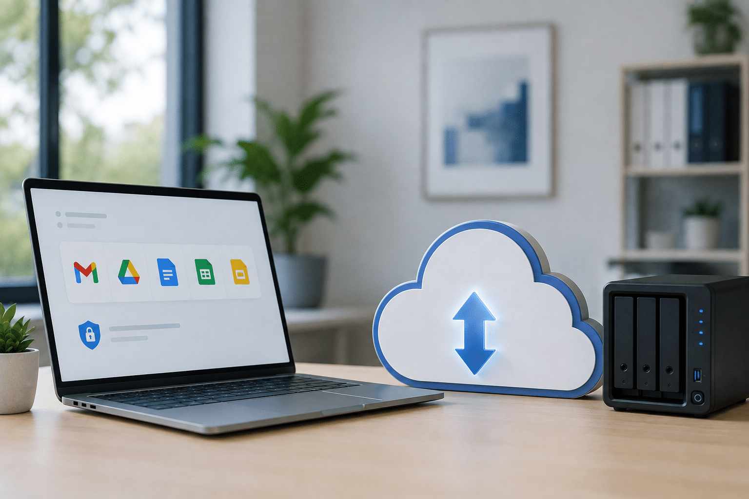 Laptop displaying a Google Workspace dashboard next to a cloud backup icon and network storage device, illustrating data protection and backup.