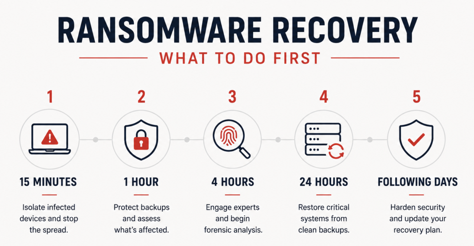 Ransomware recovery timeline showing the immediate steps businesses should take after a ransomware attack