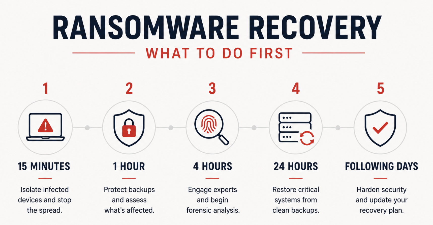 Ransomware recovery timeline showing the immediate steps businesses should take after a ransomware attack