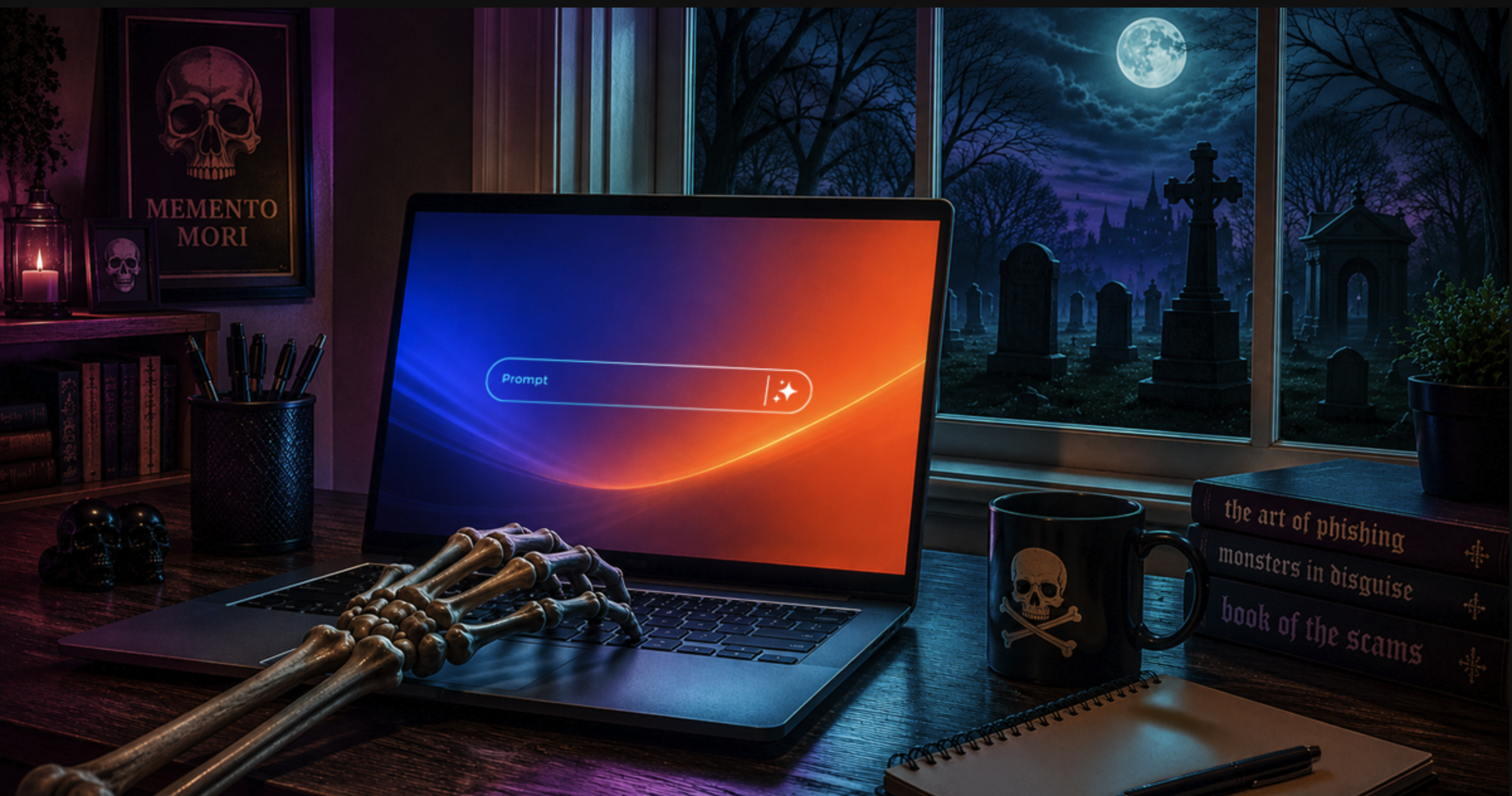 AI cybersecurity threats illustrated by a skeleton using an AI tool on a laptop