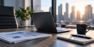 Laptop and financial reports on an office desk, illustrating the business costs associated with data loss and downtime.