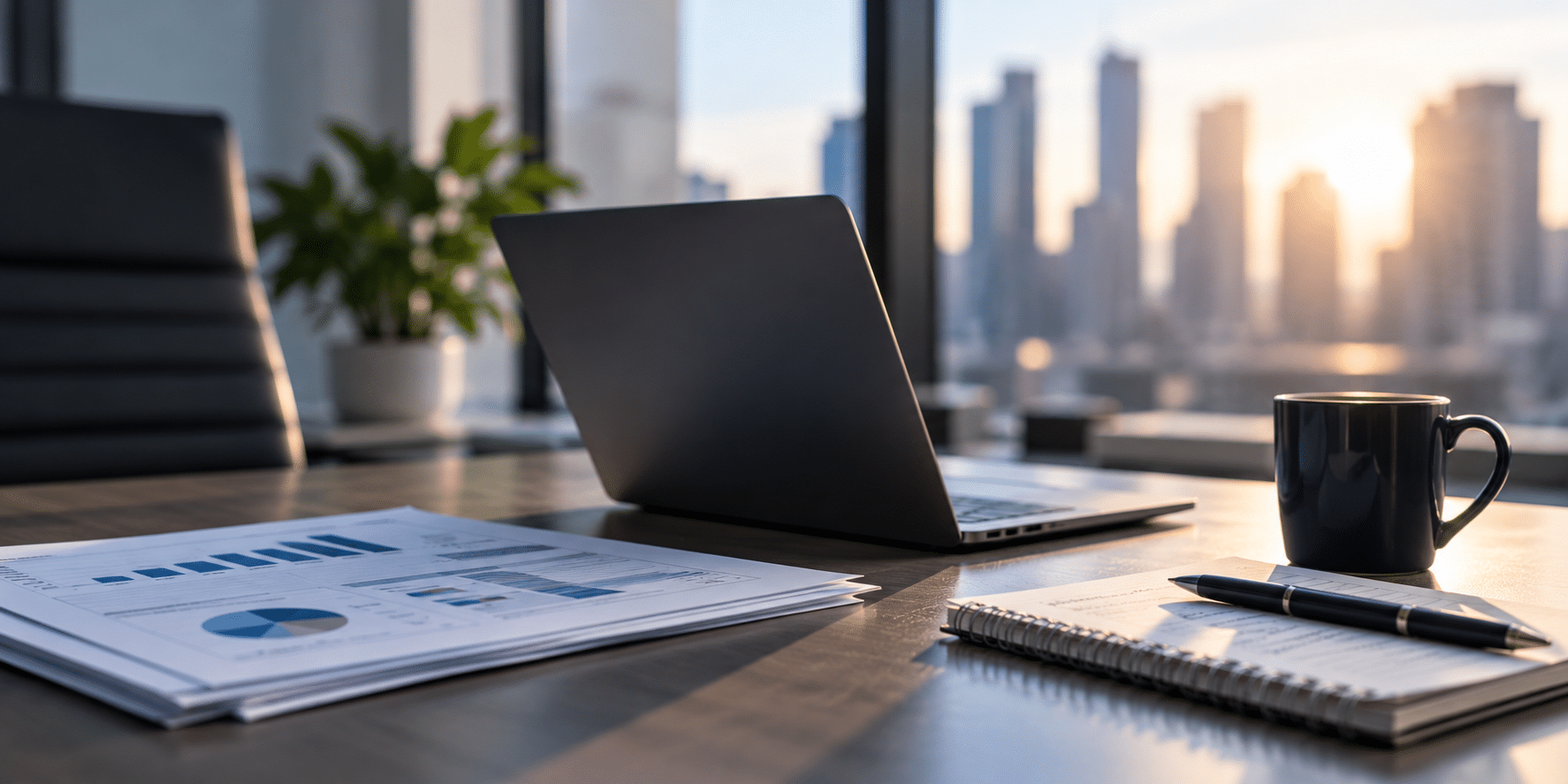 Laptop and financial reports on an office desk, illustrating the business costs associated with data loss and downtime.